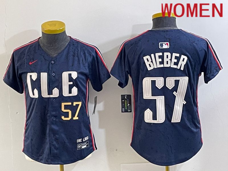 Women Cleveland Indians #57 Bieber Blue City Edition Nike 2024 MLB Jersey style 2->women mlb jersey->Women Jersey